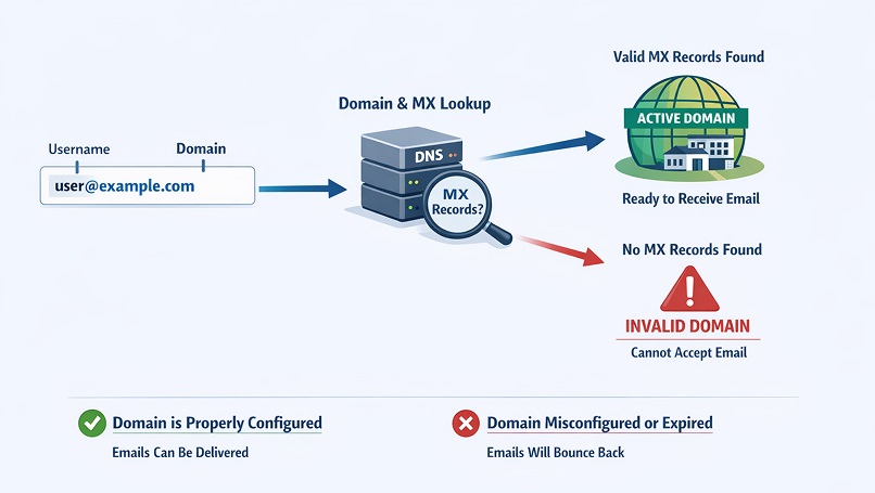 Illustration of how domain and MX record lookup work.