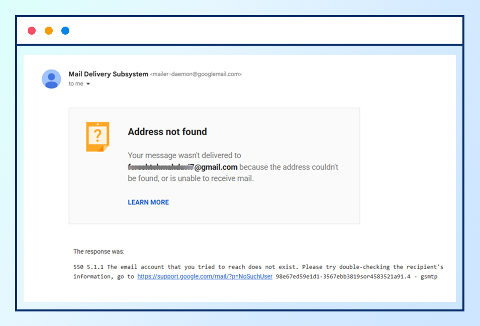 Gmail 'Address not found' error message showing a permanent failure