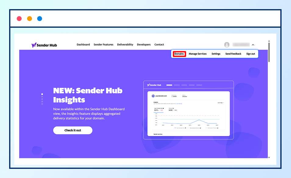 Screenshot of Yahoo Sender Hub dashboard showing domain management style=