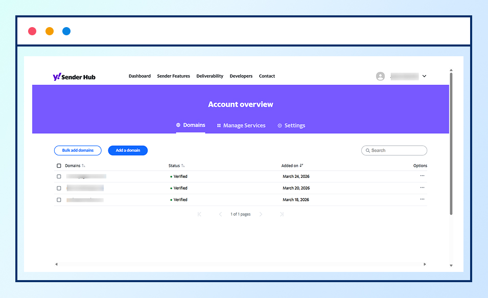 Screenshot of Yahoo Sender Hub option to add a new sending domain