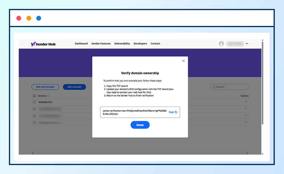 Successful domain verification in Yahoo Sender Hub