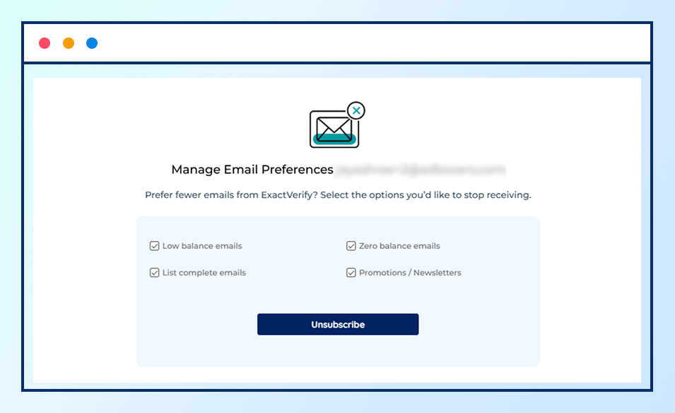 Email unsubscribe page showing user preference settings