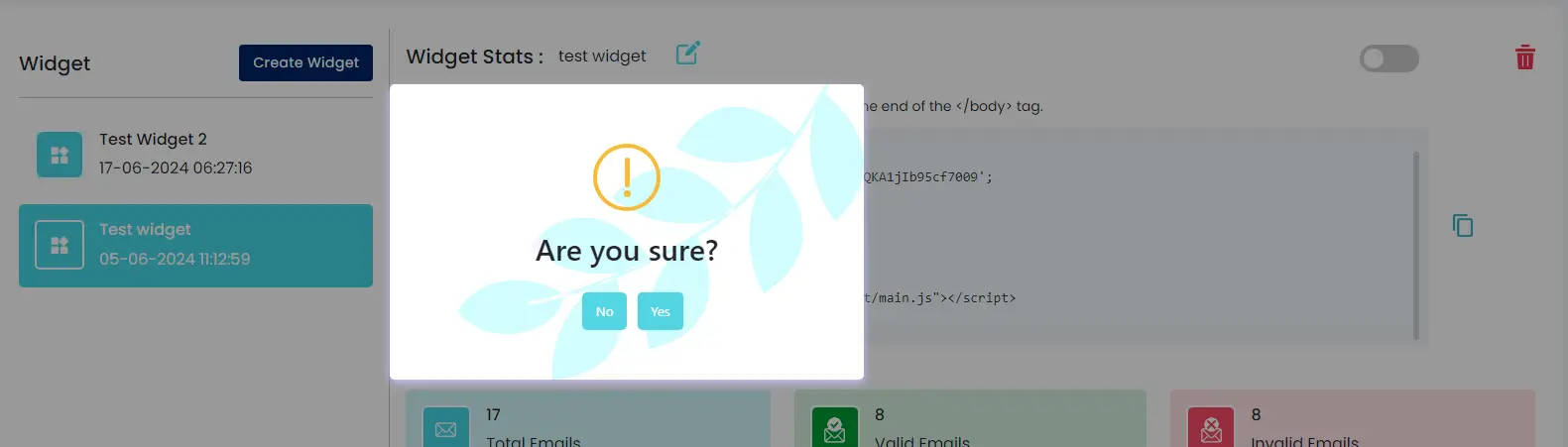 Email Validation Javascript Widget Delete Option - ExactVerify