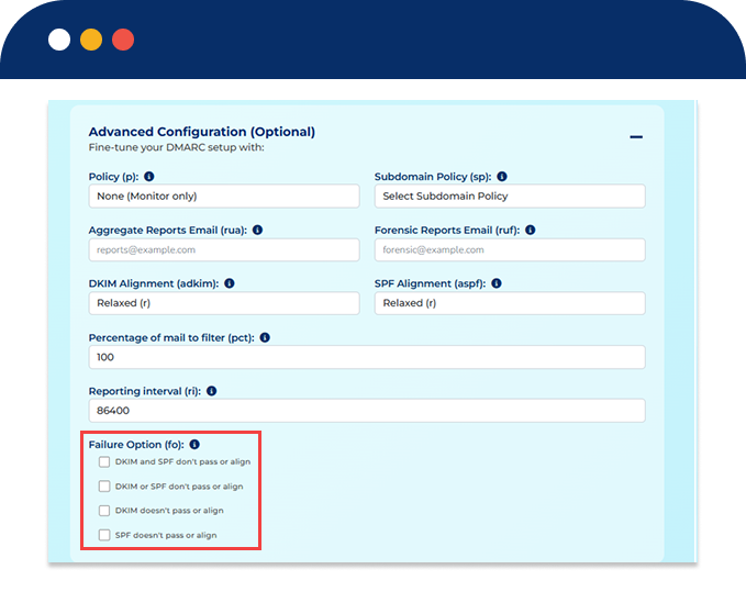 Step-by-step guide for DMARC Record Builder Failure Options (fo)