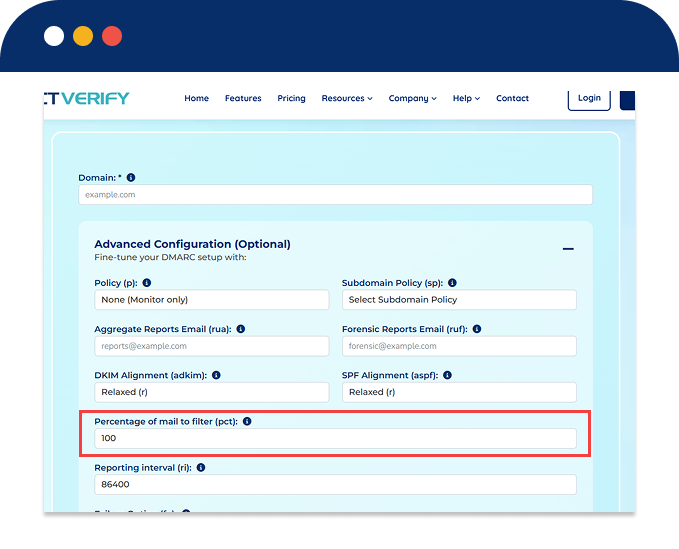 Free DMARC Record Generator Reporting Percentage (pct)
